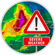 Color weather map with alert sign for severe weather